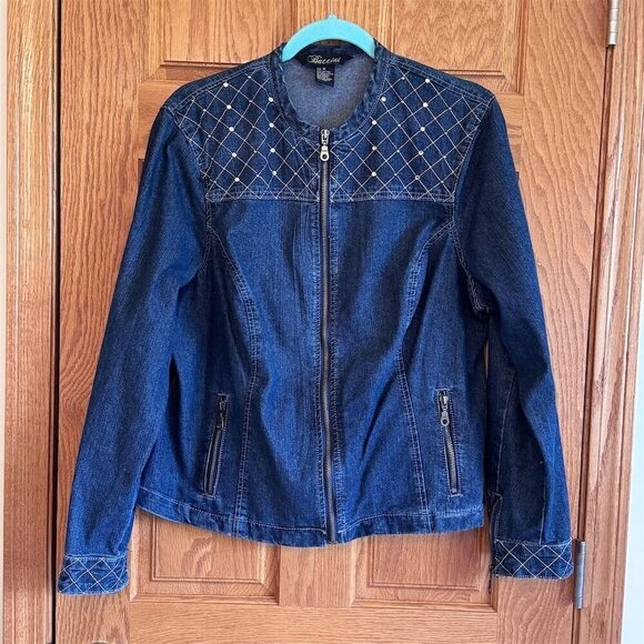 Baccini Women's Denim Jacket 1X Blue Rhinestone Zip-Up Long Sleeve Y2K - Picture 1 of 8